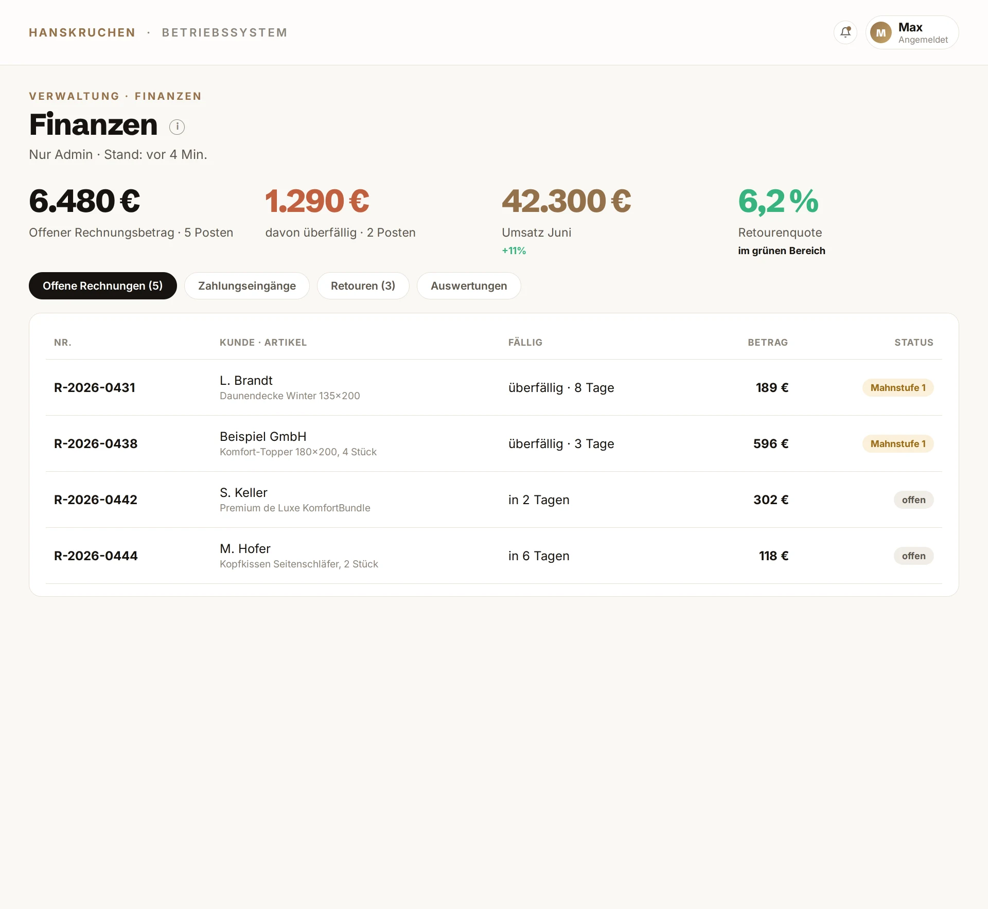 Betriebssystem, Finanzen im Griff. Beispieldaten.
