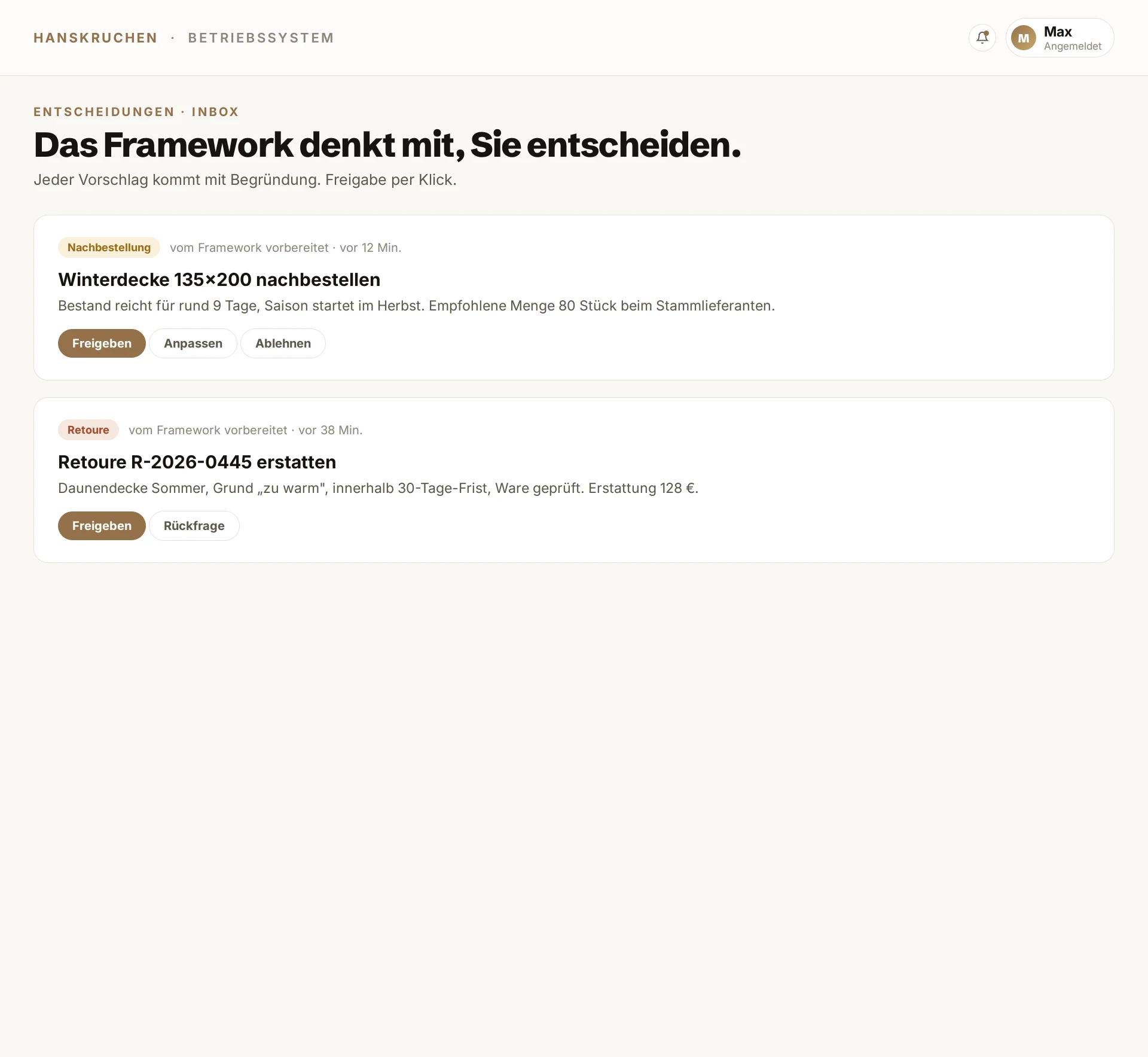 Betriebssystem, Das Framework denkt mit, Sie entscheiden. Beispieldaten.