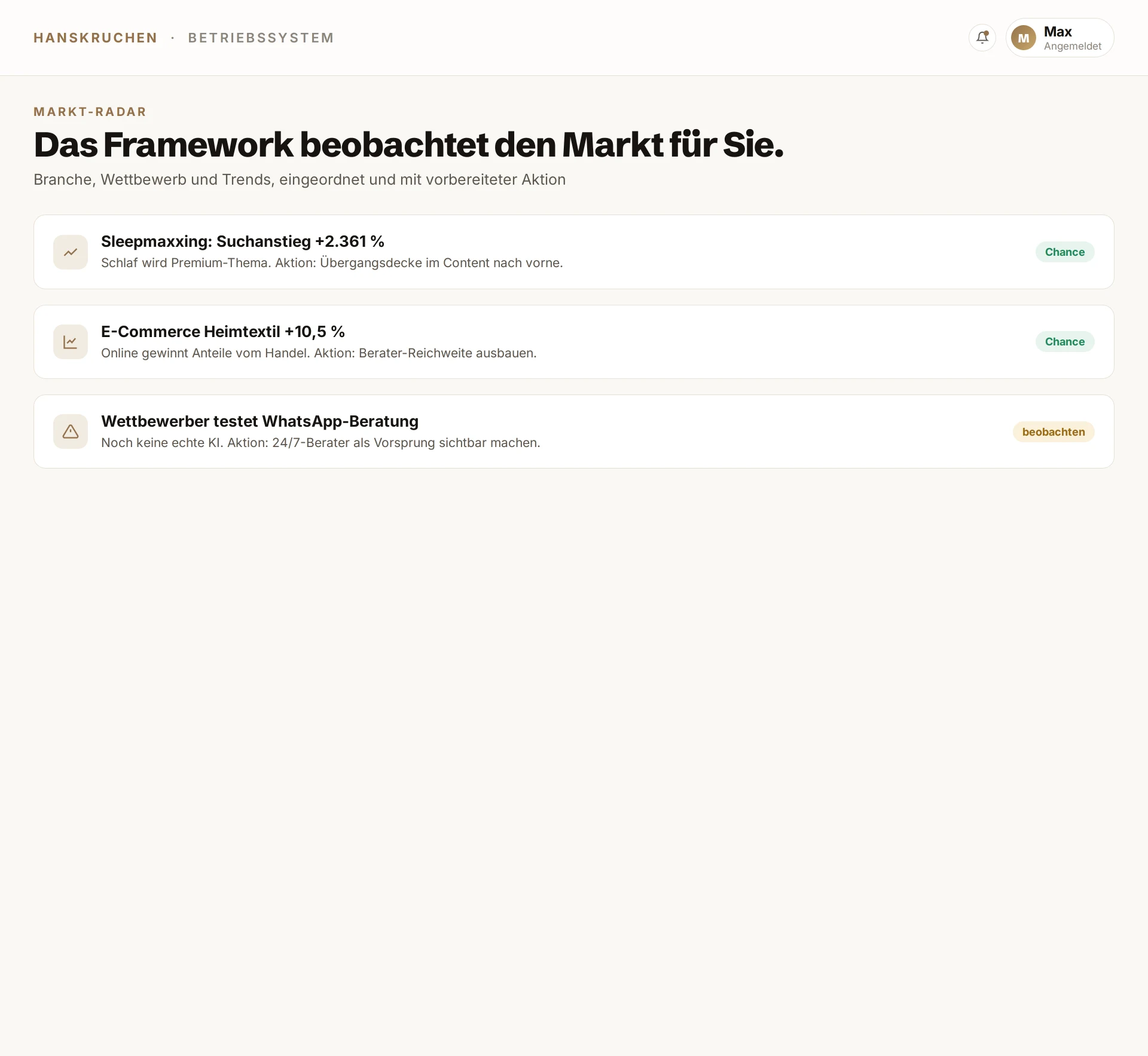 Betriebssystem, Das Framework beobachtet den Markt für Sie. Beispieldaten.