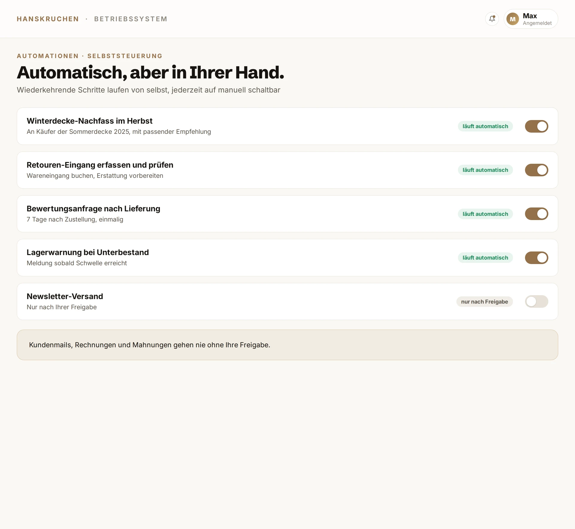 Betriebssystem, Automatisch, aber in Ihrer Hand. Beispieldaten.